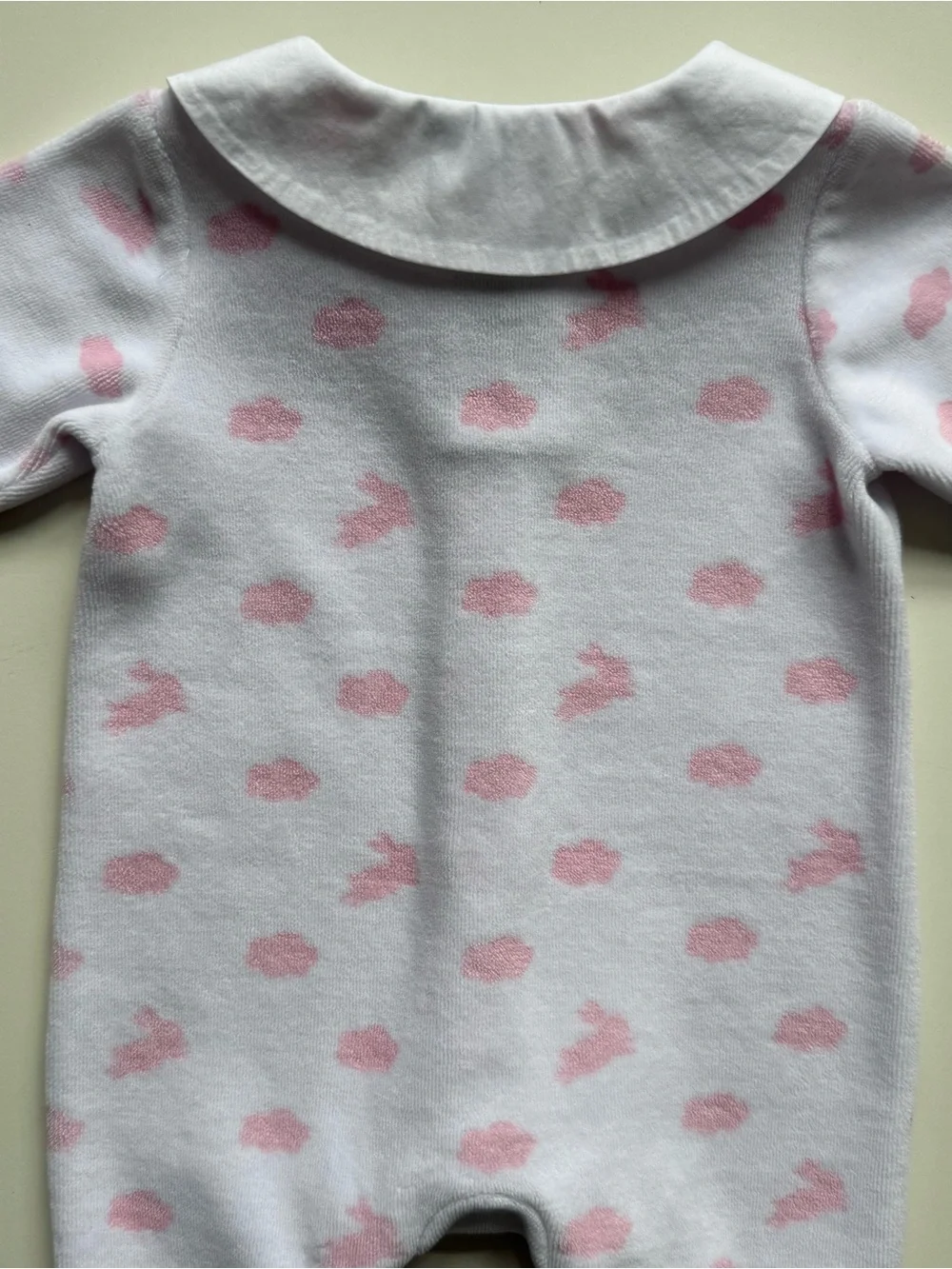 Jacadi Baby Girl White Velvet Footie Pajamas with Pink Clouds & Rabbits - Sz. 3M